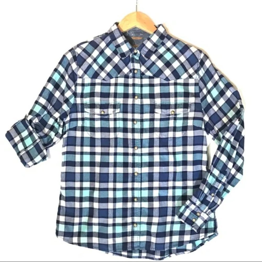 JACHS Girlfriend Shirt Womens XL Blue White Snap Front Plaid Flannel Western Top